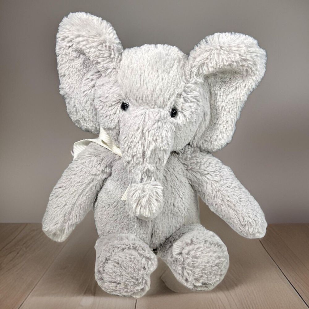Pottery‎ Barn Kids 2016 Grey Elephant Plush Stuffed Animal White Bow 11"
